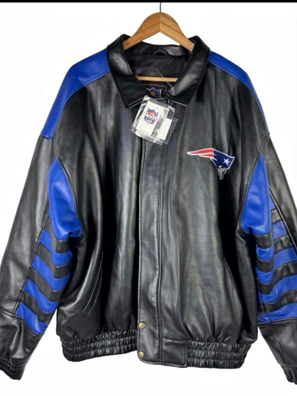 The Game New England Patriots leather jacket Leather Bomber Jacket Black & Blue